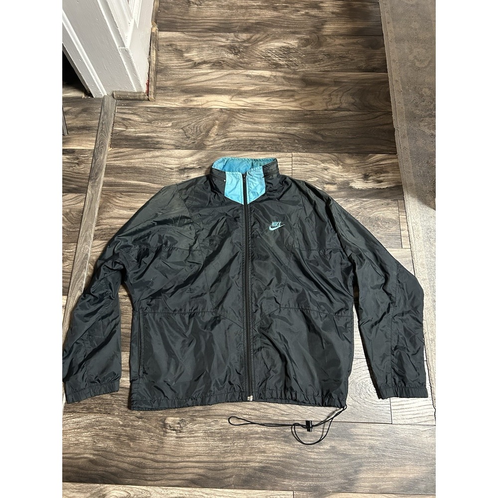 Vintage Nike Windbreaker Jacket No Hood Black Blue Swoosh Full Zip up Rare 614